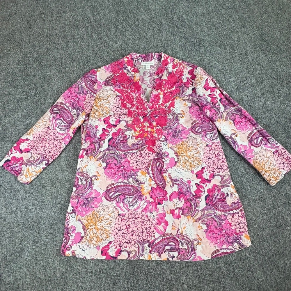 Charter Club Tunic Top Women XS Pink Paisley Floral Embroidered Boho Fairy Linen